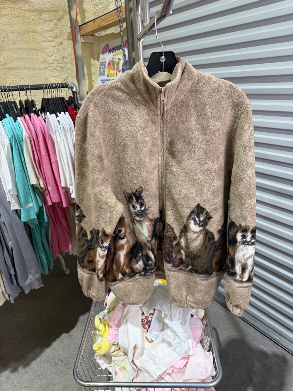 Blair Beige Cat-Print Zip Front Sweater M